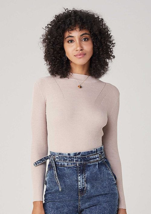 Suéter Em Tricot Gola Alta Manga Longa - Bege