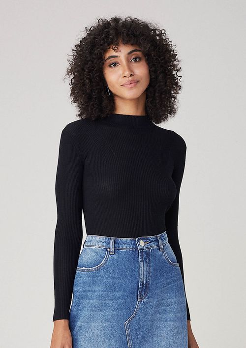 Suéter Em Tricot Gola Alta Manga Longa - Preto