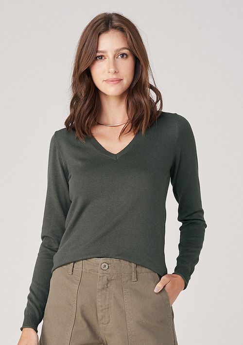 Suéter De Tricô Decote V - Verde