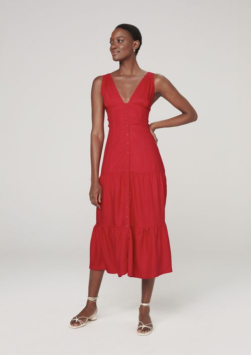 Vestido Midi Com Babado - Vermelho