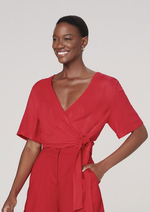 Blusa Feminina Acetinada Decote Em V Transpassada - Vermelho