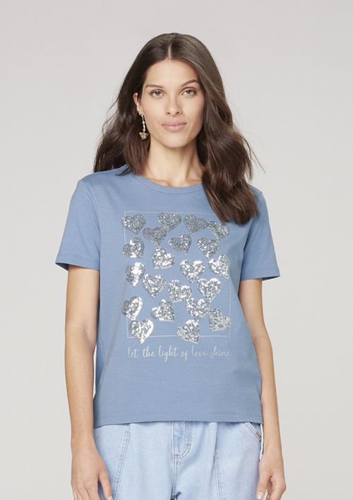 Camiseta Manga Curta Com Bordado De Paetê - Azul