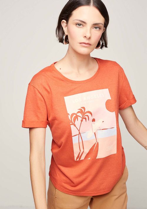 Camiseta Manga Curta Estampada Com Linho - Laranja
