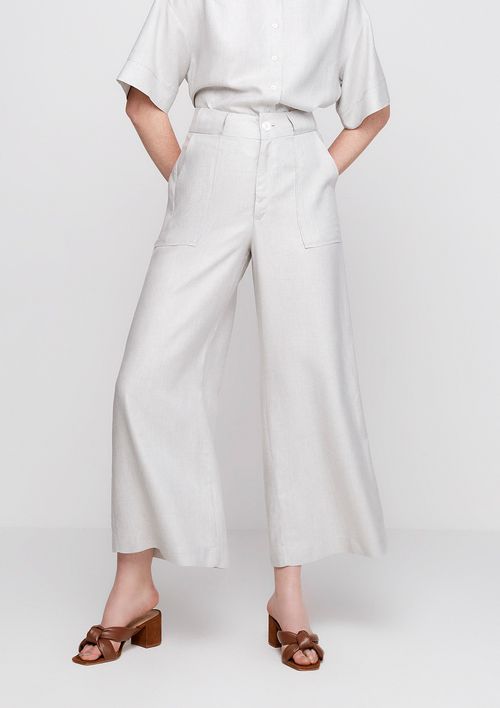Calça Pantalona Em Tecido Creponado Cintura Alta - Off White