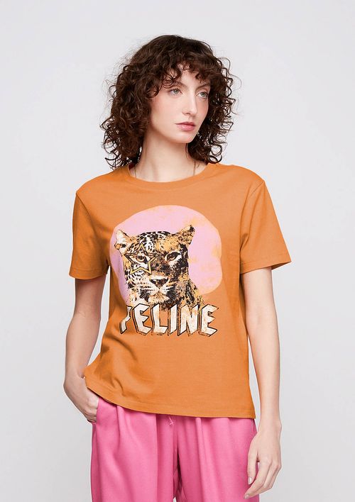 Camiseta Regular Em Algodão Com Estampa Animal - Laranja