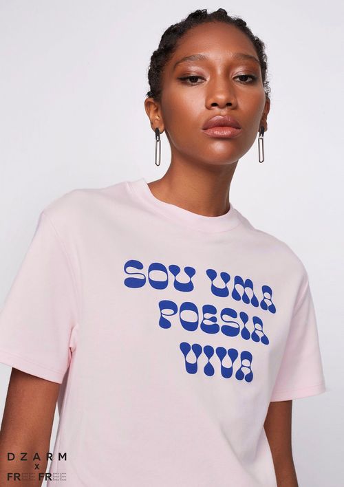 Camiseta Alongada De Algodão Estampada - Rosa