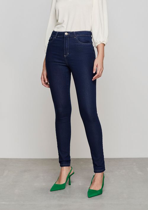 Calça Jeans Super Skinny Cintura Média Em Elastano - Azul Escuro
