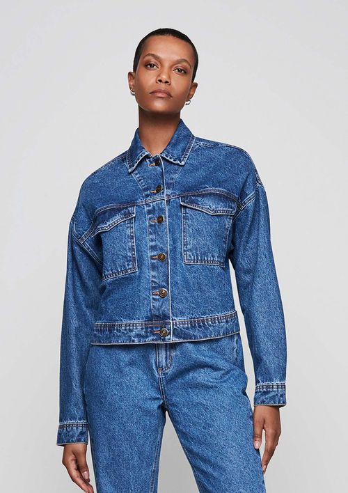 Jaqueta Jeans Cropped Reta Com Recortes - Azul Royal