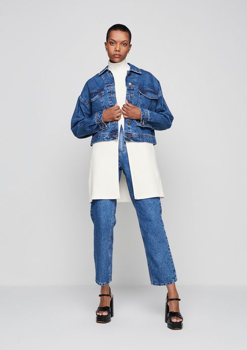 Jaqueta Jeans Cropped Reta Com Recortes - Azul Royal