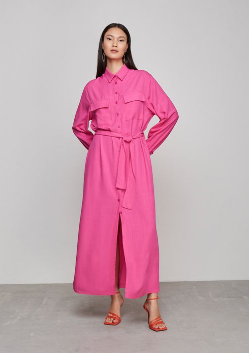 Vestido Chemise Alongado Com Textura - Rosa Chiclete