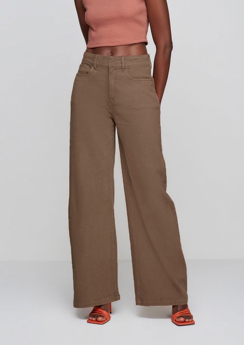 Calça Pantalona Em Sarja Cintura Alta Com Elastano - Marrom Médio