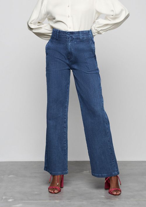 Calça Jeans Cotelê Wide Leg Cintura Alta Slim - Azul