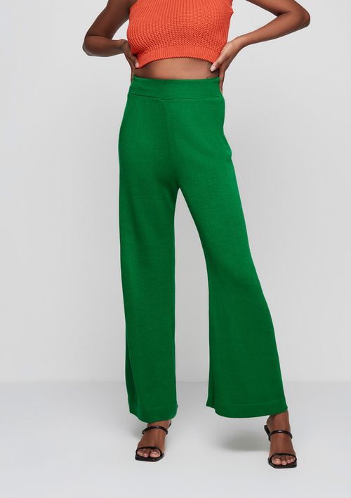 Calça Em Tricô Pantalona Com Elástico - Verde Bandeira