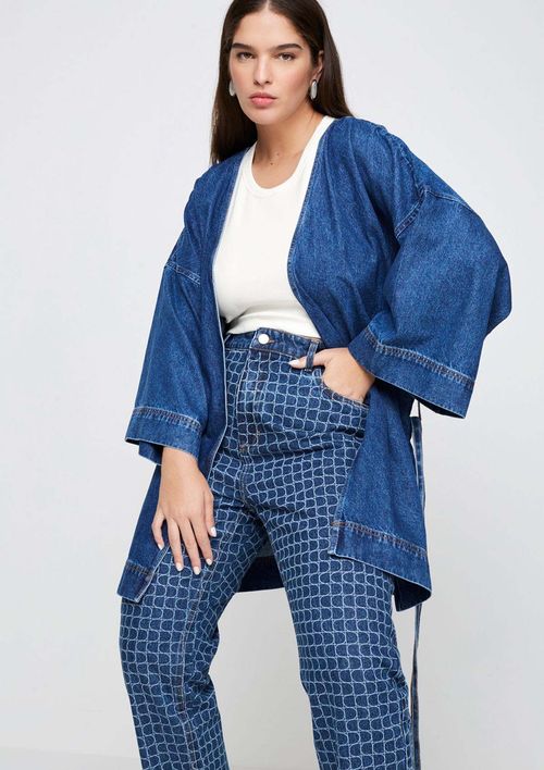 Kimono Jeans Amplo Manga Curta - Azul