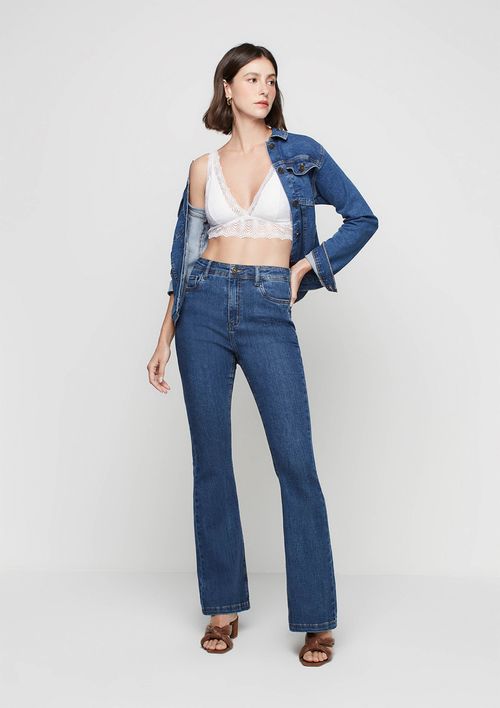 Calça Jeans Wide Leg Cropped Cintura Alta - Azul